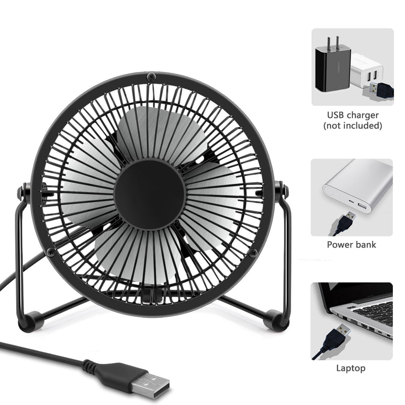  [AUSTRALIA] - 4 Inch Small USB Desk Fan, Mini Quiet Fan with Metal Construction & Strong Airflow & 360°Adjustable Tilt Angle, Personal Cooling Fan for Desktop Office (Black) Black