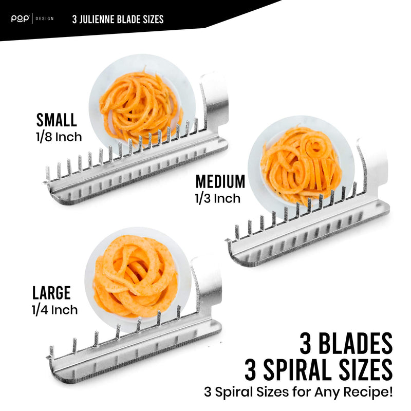 [AUSTRALIA] - POP, Stainless Steel Vegetable Spiralizer, Spiral Vegetable and Potato Cutter, Includes 3 Blade Size Options, Wooden Handle, No-Slip Suction Base, Perfect for Curly Fries, Noodle Maker, and Zoodler