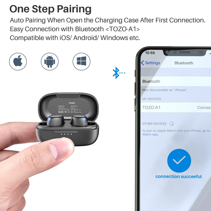  [AUSTRALIA] - TOZO A1 Mini Wireless Earbuds Bluetooth 5.0 in Ear Light-Weight Headphones Built-in Microphone, Immersive Premium Sound Long Distance Connection Headset with Charging Case, Black