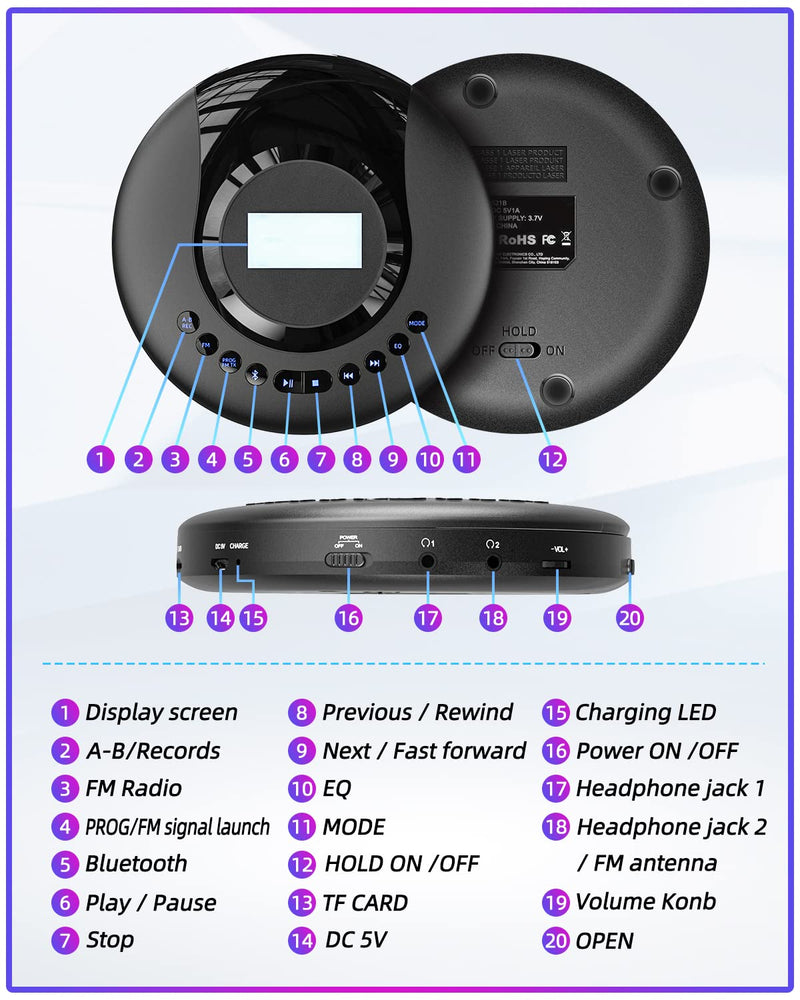  [AUSTRALIA] - CD Player Portable ARAFUNA, Portable CD Player Bluetooth with FM Radio, 2000mAh Rechargeable CD Player for Car with LCD Screen, Anti Shock Protection Walkman CD Player with Headphone, AUX Cable Black