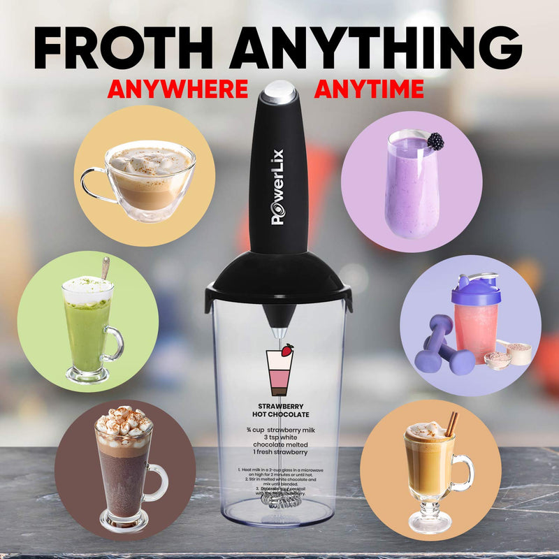 [AUSTRALIA] - PowerLix Milk Frother Handheld Battery Operated Electric Foam Maker For Coffee, Latte, Frappe, Matcha, Drink Mixer With Stainless Steel Double Whisk, Mini Hand Held Machine, Foamer Cup Included (Coffee Recipes) Coffee Recipes