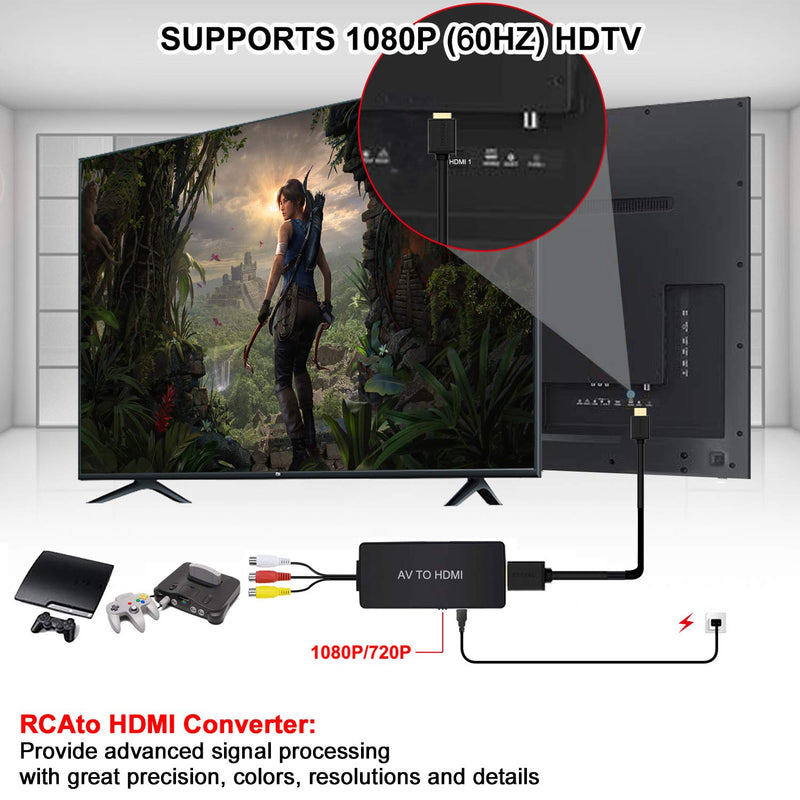 [AUSTRALIA] - RCA to HDMI Converter AV to HDMI Adapter Composite/CVBS to HDMI Video Audio Converter, Widely Compatible with Various RCA Equipment for N64, PS2, PC, Laptop, VHS, VCR, Camera DV ect. RCA to HDMI Converter