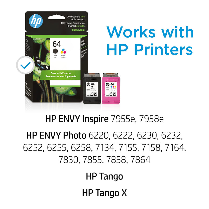  [AUSTRALIA] - Original HP 64 Black/Tri-color Ink Cartridges (2-pack) | Works with HP ENVY Inspire 7950e; ENVY Photo 6200, 7100, 7800; Tango Series | Eligible for Instant Ink | X4D92AN