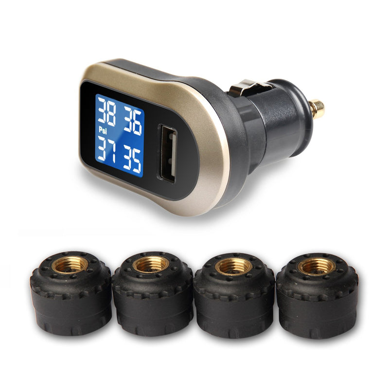 Vesafe Wireless Tire Pressure Monitoring System (TPMS), with 4 External Cap sensors. (Cigarette Lighter Plug with 2A Charging) (Color) Cigarette Light Display with 2A Charging - LeoForward Australia