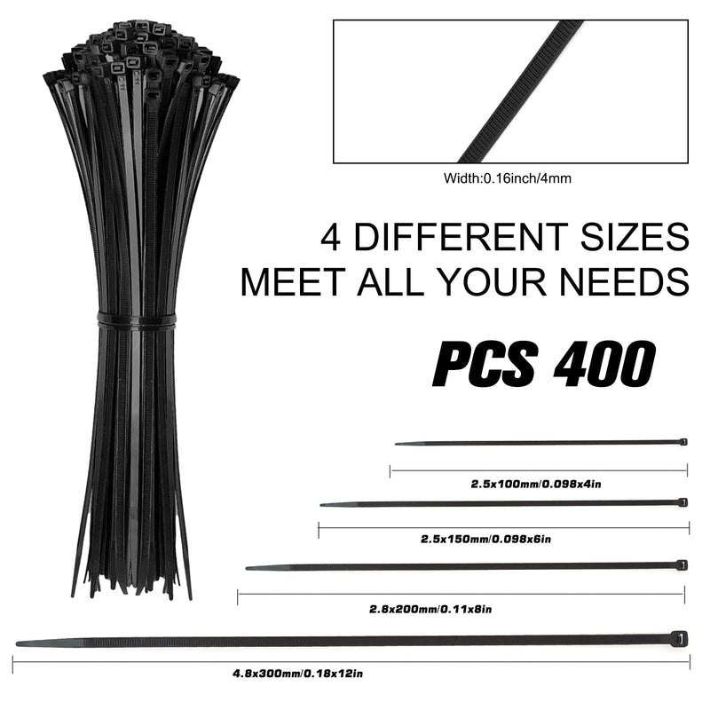  [AUSTRALIA] - Cable Zip Ties,400 Pack Black Zip Ties Assorted Sizes 12+8+6+4 Inch,Multi-Purpose Self-Locking Nylon Cable Ties Cord Management Ties,Plastic Wire Ties for Home,Office,Garden,Workshop. By HAVE ME TD 400PCS Set