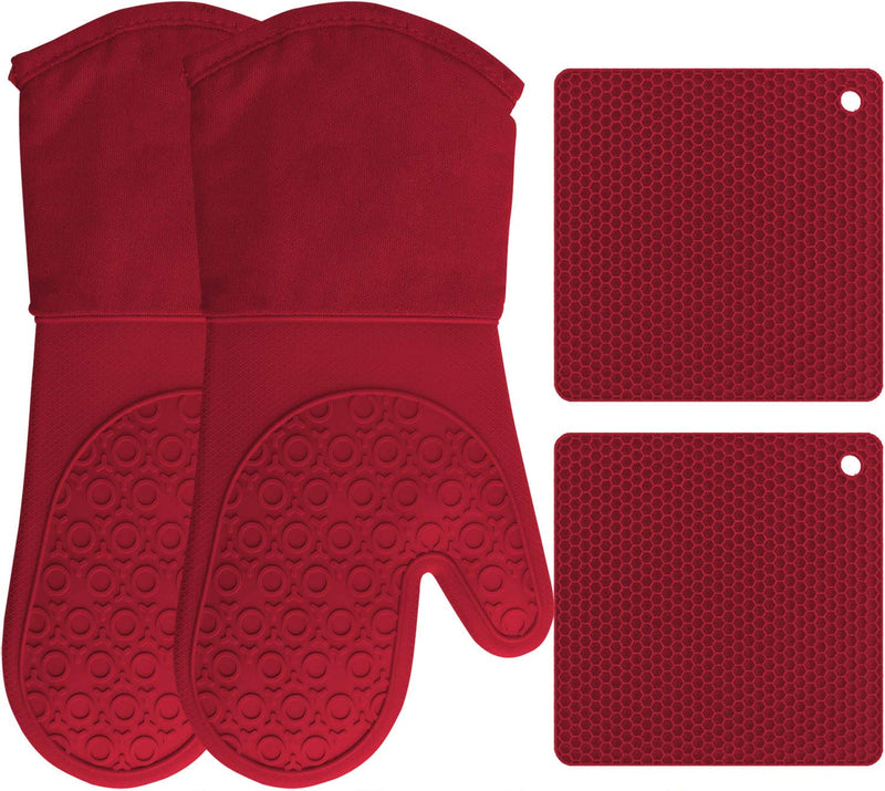  [AUSTRALIA] - HOMWE Silicone Oven Mitts and Pot Holders, 4-Piece Set, Heavy Duty Cooking Gloves, Kitchen Counter Safe Trivet Mats, Advanced Heat Resistance, Non-Slip Textured Grip (Red)