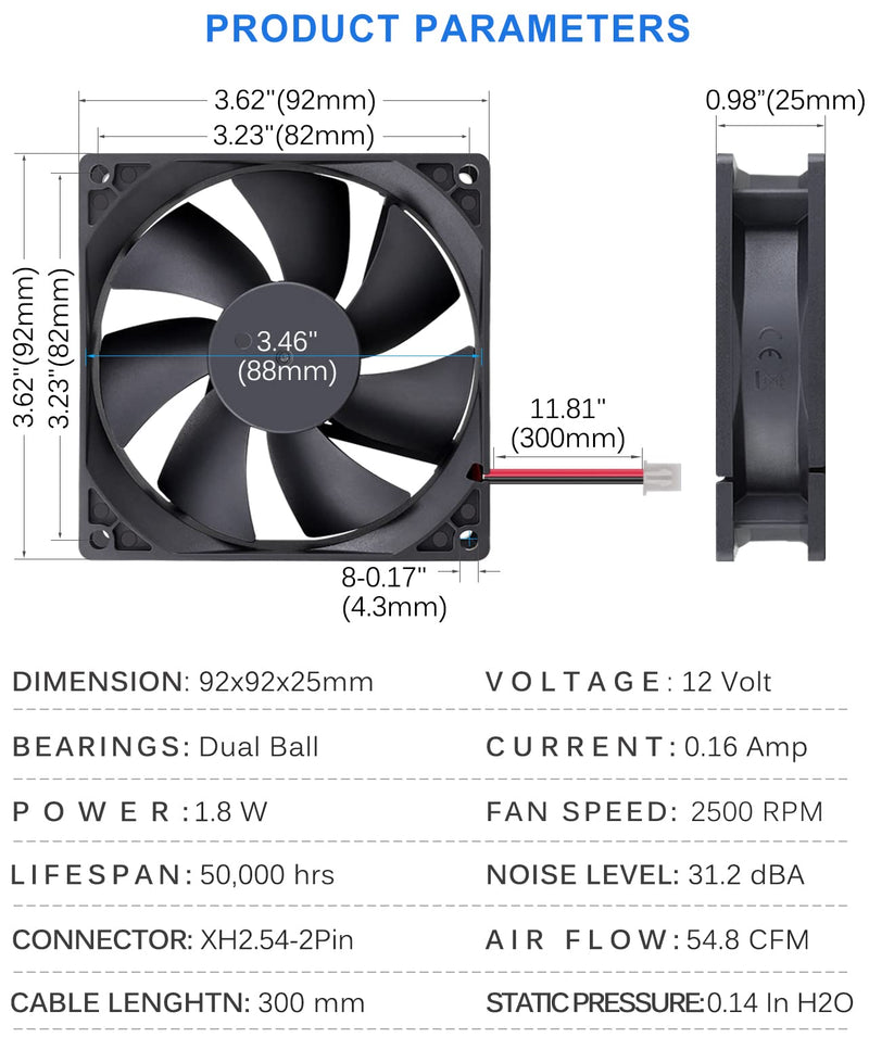  [AUSTRALIA] - GDSTIME 92mm x 92mm x 25mm 12V Dual Ball Bearings Brushless Cooling Fan Dual Ball Bearing