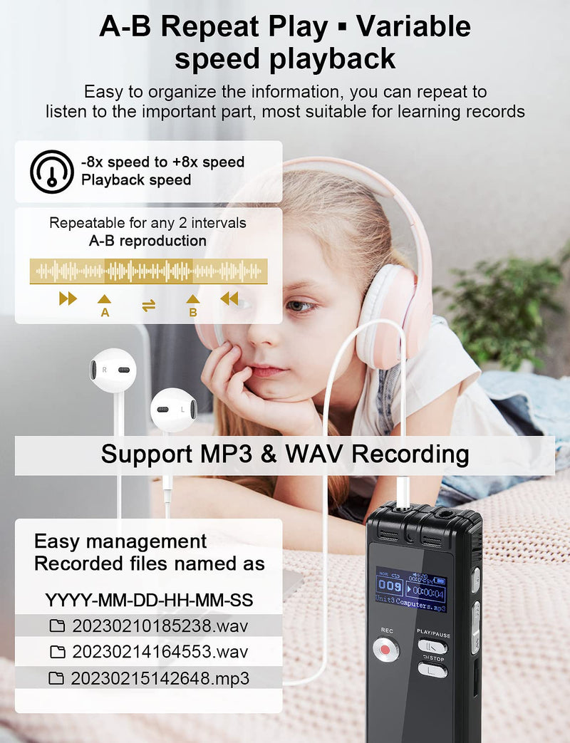  [AUSTRALIA] - 64GB Digital Voice Recorder for Lectures Meetings - Tape Recorder Audio Recording Device with Playback, 3072kbps Dictaphone Sound Recorder | Password | Support TF Expansion