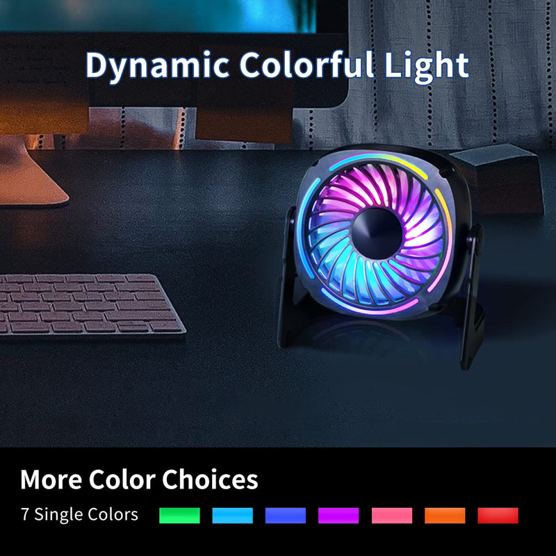  [AUSTRALIA] - Punoge Small USB Desk Fan - 5.3 Inch Portable Table Fan with 3 Levels Air Flow, 8 Color LED Lights, 360° Rotation, Quiet Mini Personal Fan for Home Office Desktop