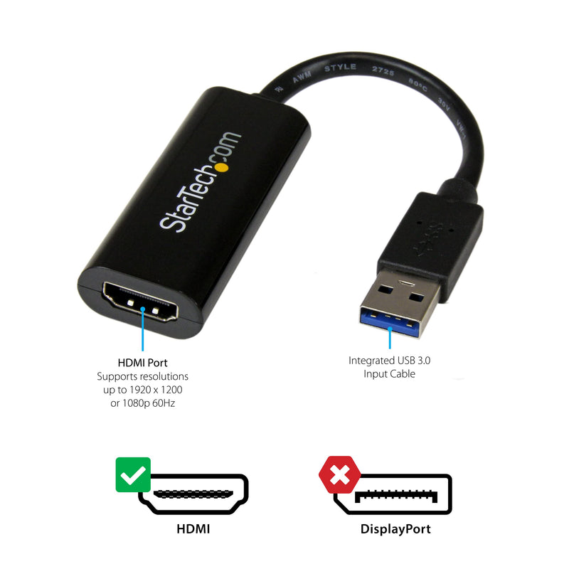  [AUSTRALIA] - StarTech.com USB 3.0 to HDMI Adapter - 1080p (1900x1200) - Slim/Compact USB Type-A to HDMI Display Adapter Converter for Monitor - External Video & Graphics Card - Black - Windows Only (USB32HDES)