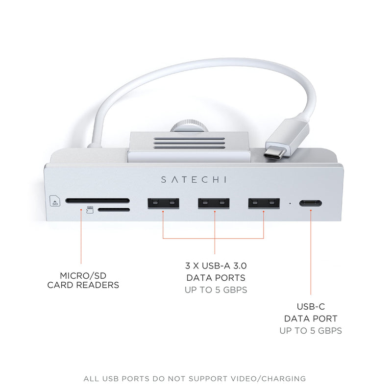  [AUSTRALIA] - Satechi USB-C Clamp Hub – USB-C Data Port, USB-A 3.0 Data, Micro/SD Card Reader – Compatible with 2021 iMac 24-inch (Silver) Silver