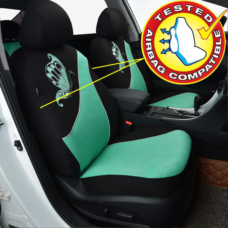 [AUSTRALIA] - Flying Banner Car Seat Covers 6 PCS Front Seats Polyester Cover Embroidered Butterfly Three-Dimensional (3D) Green with Black