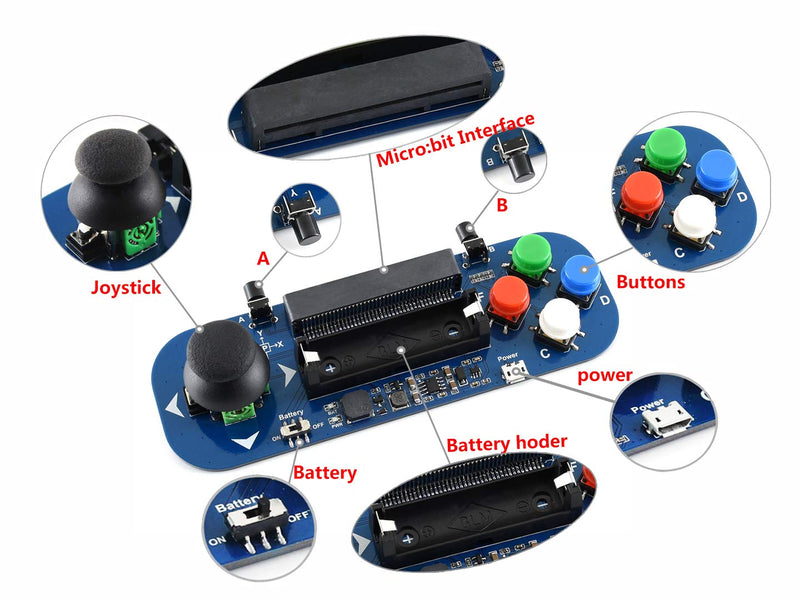  [AUSTRALIA] - Waveshare Gamepad Expansion Module for Micro:bit Joystick and Buttons Plays Music Powered from Battery Also Charges The Battery
