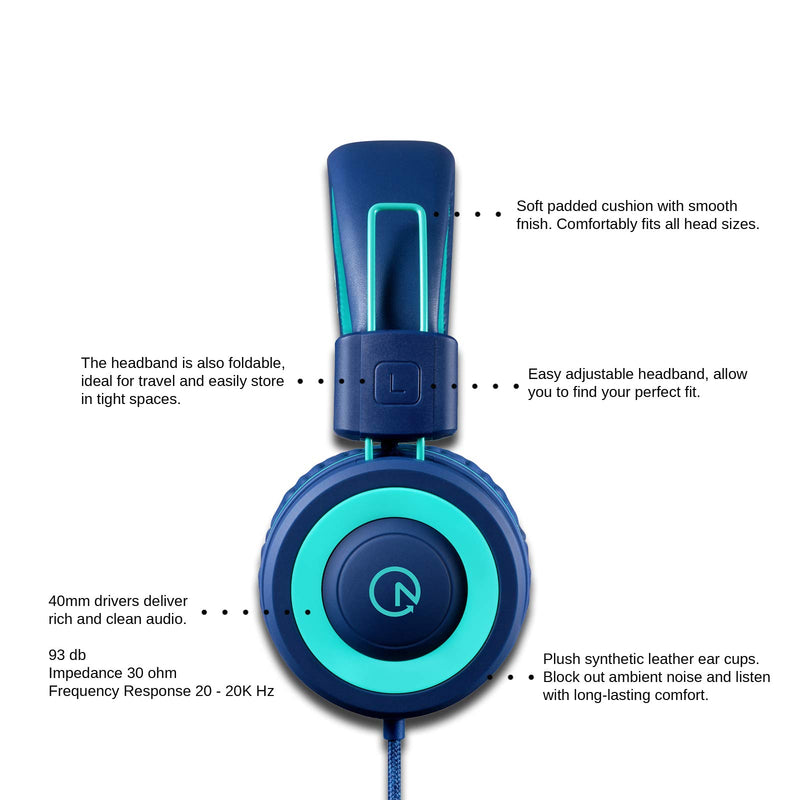  [AUSTRALIA] - Kids Headphones - noot products K11 Foldable Stereo Tangle-Free 3.5mm Jack Wired Cord On-Ear Headset for Children/Teens/Boys/Girls/Smartphones/School/Kindle/Airplane Travel/Plane/Tablet (Navy/Teal) Navy/Teal