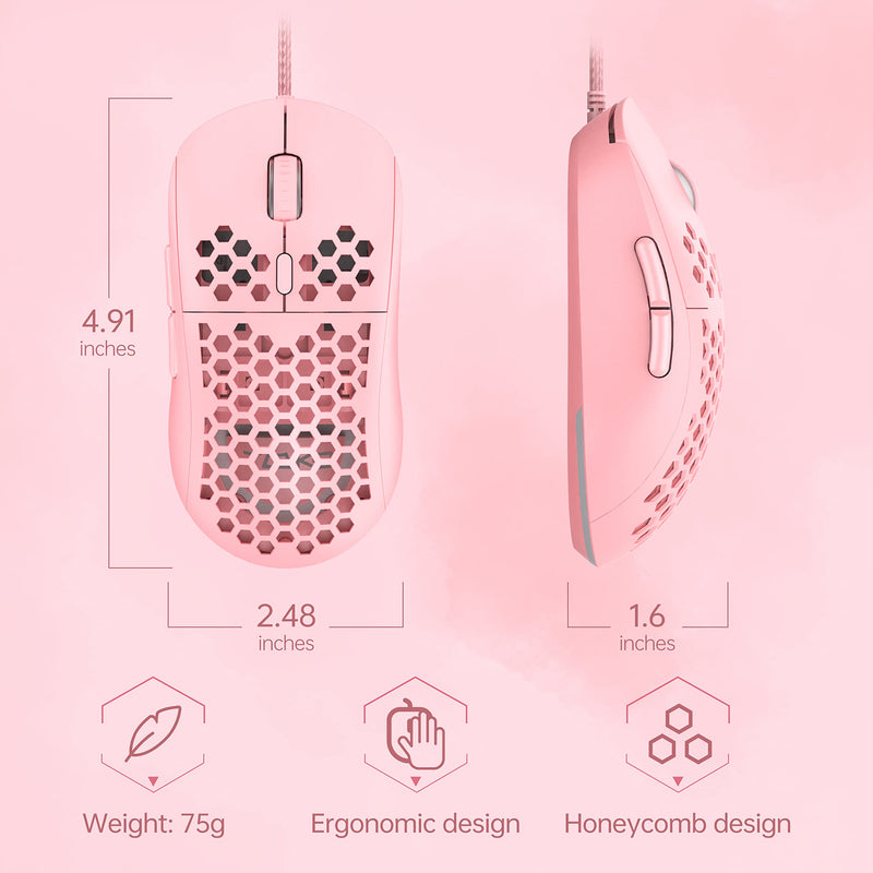  [AUSTRALIA] - DIERYA Gaming Mouse, 12800DPI Optical Sensor, 6 Programmable Buttons, Customizable RGB Pink Honeycomb Mouse, Drag-Free Paracord Wired Mouse, Ergonomic Design Computer Mouse for Windows PC Gamers