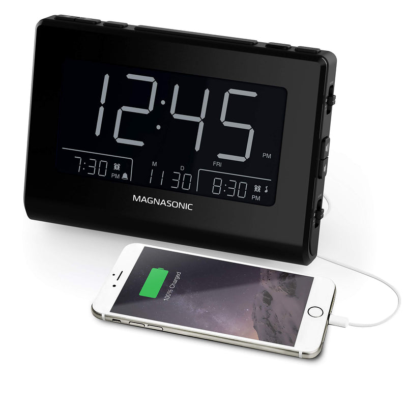 Magnasonic Alarm Clock Radio with USB Charging for Smartphones & Tablets, Auto Dimming, Dual Gradual Wake Alarm, Battery Backup, Auto Time Set, Large 4.8" LED Display, FM (CR63) Black Body - LeoForward Australia