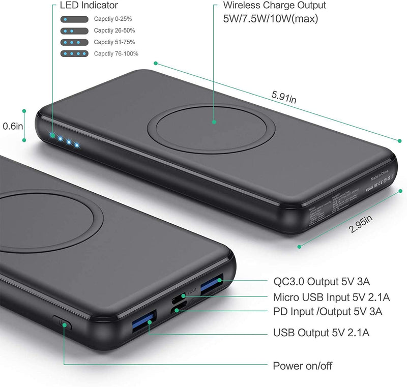  [AUSTRALIA] - Ekrist Wireless Portable Charger Power Bank, PD 26800mAh Quick Cell Phone Wireless Charging, 2 Input+4 Output QC3.0 External Power Delivery USB-C Battery Pack Compatible with iPhone 12/11, Samsung