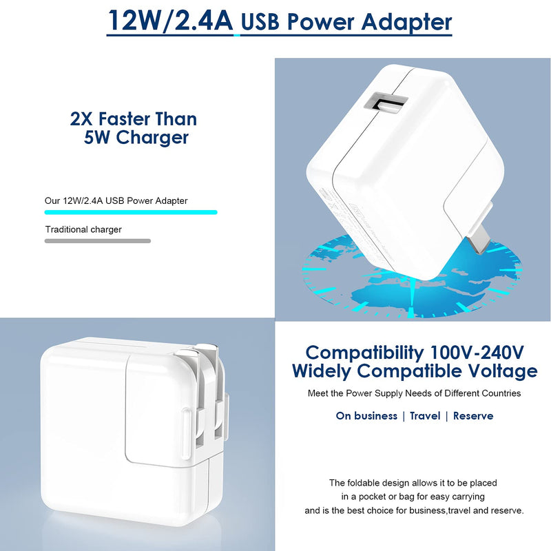  [AUSTRALIA] - iPad Charger iPhone Charger [Apple MFi Certified] 12W Fast Charging USB Wall Charger Foldable Portable Travel Plug with 2 Pack 6FT Lightning Cable Cord Compatible with iPhone, iPad, Airpods and More