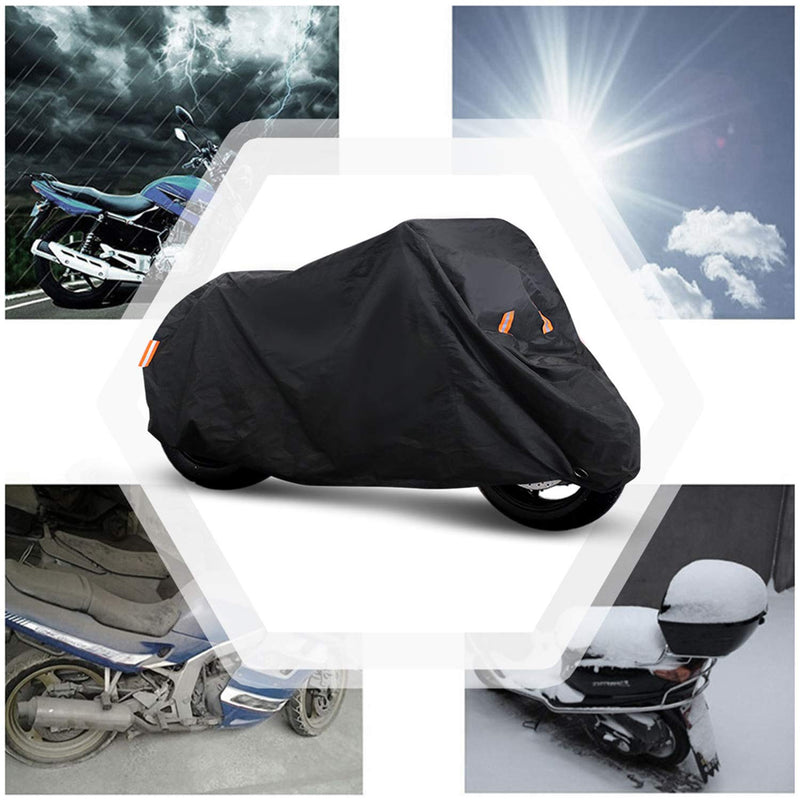  [AUSTRALIA] - Copap Black Motorcycle Cover 150D Durable Waterproof Motorcycle Cover All-Weather Protection with 7.87” Reflective Stripe, Bottom Buckle & Lockholes Included