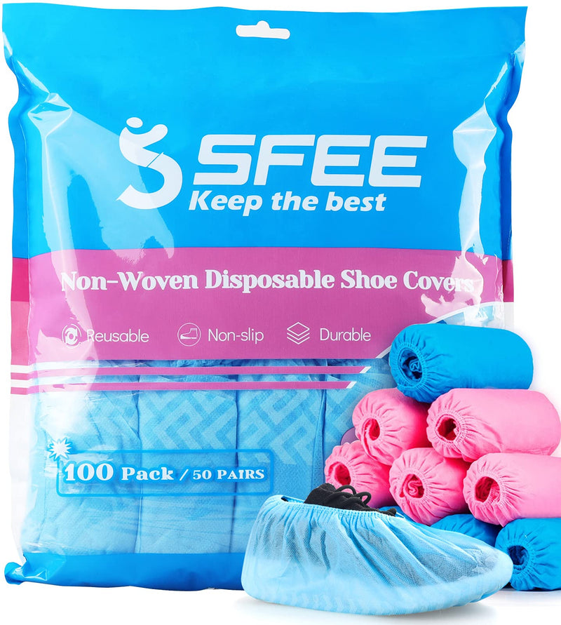 [AUSTRALIA] - Sfee 100 Pack Shoe Covers-Disposable Shoe Covers for Indoors, Non Slip, Durable, Recyclable Non Woven Booties Shoes Cover for Workplace, Office, Home Floor Carpet Protection, One Size Fits All (Blue) 100 piece(50 Pairs) with pattern Blue