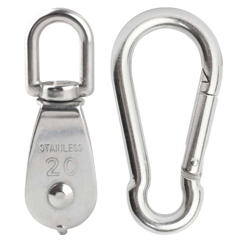  [AUSTRALIA] - BNYZWOT 5Pcs M20 Single Pulley Block with 5Pcs Spring Snap Hook Carabiner, Heavy Duty 304 Stainless Steel Pulley Roller & 2.75'' Spring snap Hooks, Pully Crane Swivel Hook Wire Rope Cable Loading