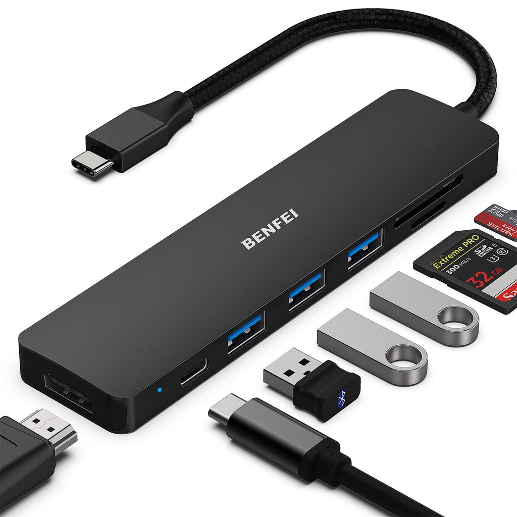  [AUSTRALIA] - BENFEI USB C HUB 7in1, USB C HUB Multiport Adapter with USB-C to HDMI, USB-C to SD/TF Card Reader/3*USB 3.0/60W Power Delivery, Compatible with MacBook Pro 2022/2021/2020/2019, Surface Book More Black