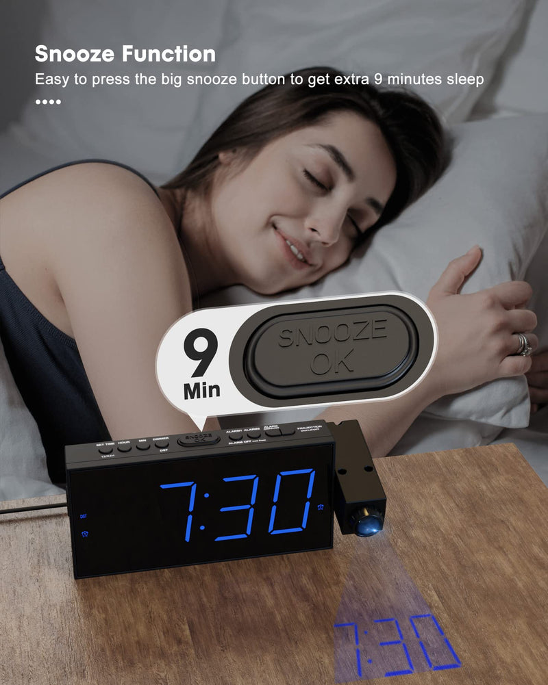  [AUSTRALIA] - Projection Alarm Clock for Bedroom,LED Digital Clock Projection on Ceiling Wall with USB Phone Charging,Battery Backup,180°Projector& Dimmer,12/24H,DST,Snooze,Dual Loud Bedside Clock for Heavy Sleeper Blue