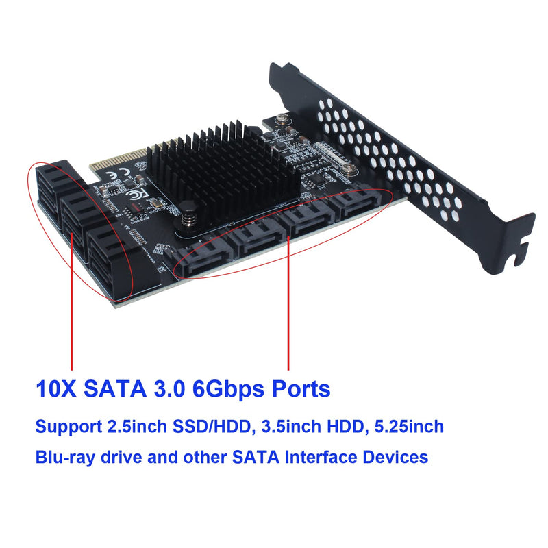  [AUSTRALIA] - PCI-E SATA Expansion Card 10 Ports PCIe x4 to SATA 3.0 6Gbps Expansion Controller Adapter Card with 10 SATA Cables and Low Profile Bracket, Non-Raid( ASM1166+JMB575 )