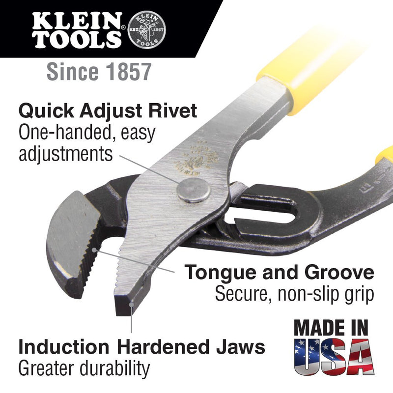  [AUSTRALIA] - Klein Tools J502-10 Pliers, Adjustable Jaw Pump Pliers, Tongue and Groove, with Dual Material Handles, 10-Inch