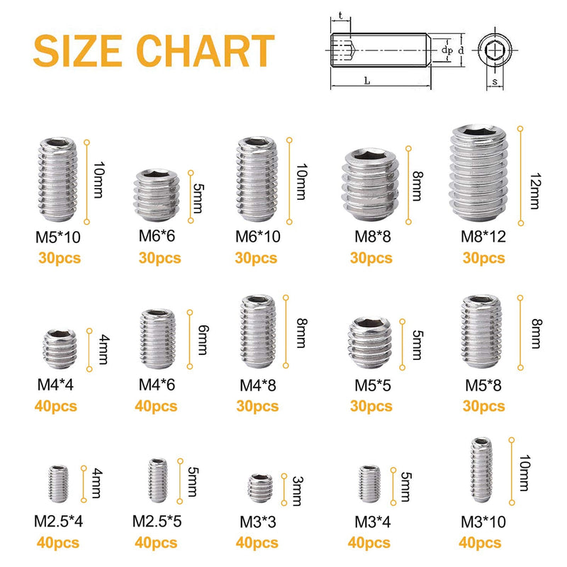  [AUSTRALIA] - VIGRUE 520Pcs M2.5/M3/M4/M5/M6/M8 Hex Allen Head Socket Set Screw Bolts Assortment Kit Grub Screw with Internal Hex Drive, 304 Stainless Steel (Metric) M2.5 to M8