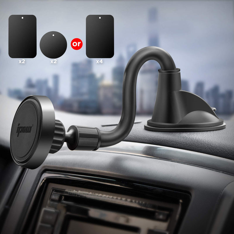  [AUSTRALIA] - IPOW Long Arm Universal Magnetic Cradle Windshield Dashboard Cell Phone Mount Holder with 4 Metal Plates, Soft Firm Goose Arm & Enhanced Suction Cup 7.6" Long Arm Magnetic