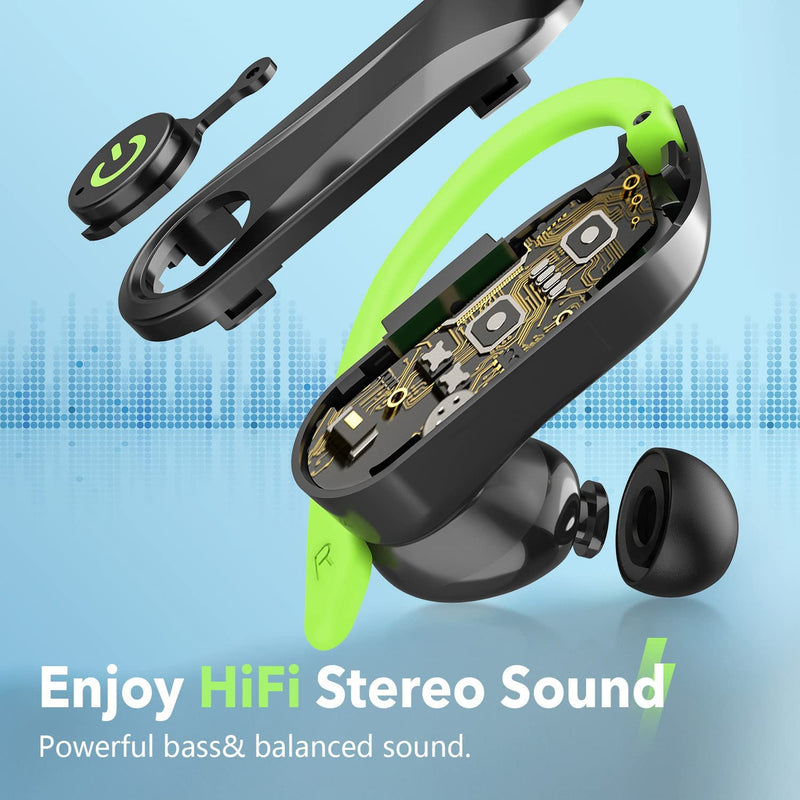  [AUSTRALIA] - Wireless Earbuds Bluetooth Headphones,Vanzon IPX7 Waterproof Over Ear Earphones for 48Hrs Play Back Sport Earphones,with LED Charging Case&Earhooks Built-in Mic Headset Workout Green