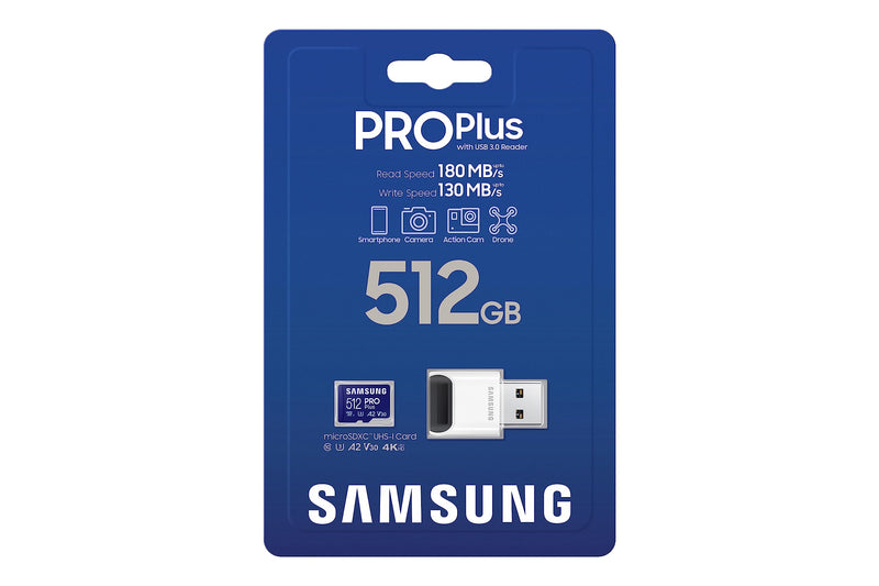  [AUSTRALIA] - SAMSUNG PRO Plus microSD Memory Card + Reader, 512GB MicroSDXC, Up to 180 MB/s, Full HD & 4K UHD, UHS-I, C10, U3, V30, A2 for Android Phones, Tablets, GoPRO, DJI Drone, MB-MD512SB/AM, 2023 New PRO Plus/Reader Read/Write 180/130MB/s