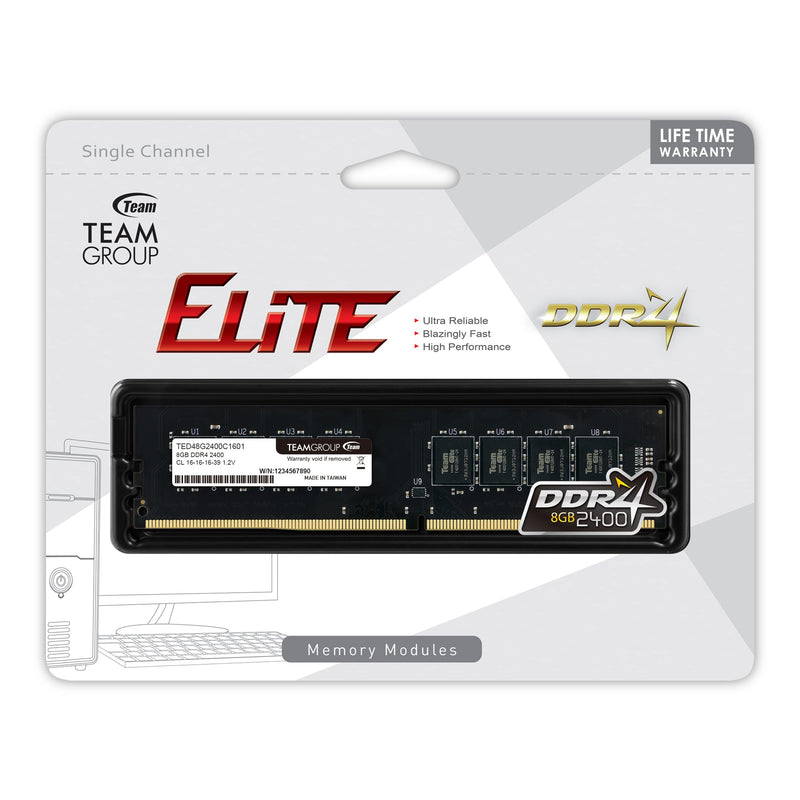  [AUSTRALIA] - TEAMGROUP Elite DDR4 8GB Single 2400MHz PC4-19200 CL16 Unbuffered Non-ECC 1.2V 1Rx8 UDIMM 288 Pin PC Computer Desktop Memory Module Ram Upgrade- TED48G2400C1601 2400MHz- 8GB