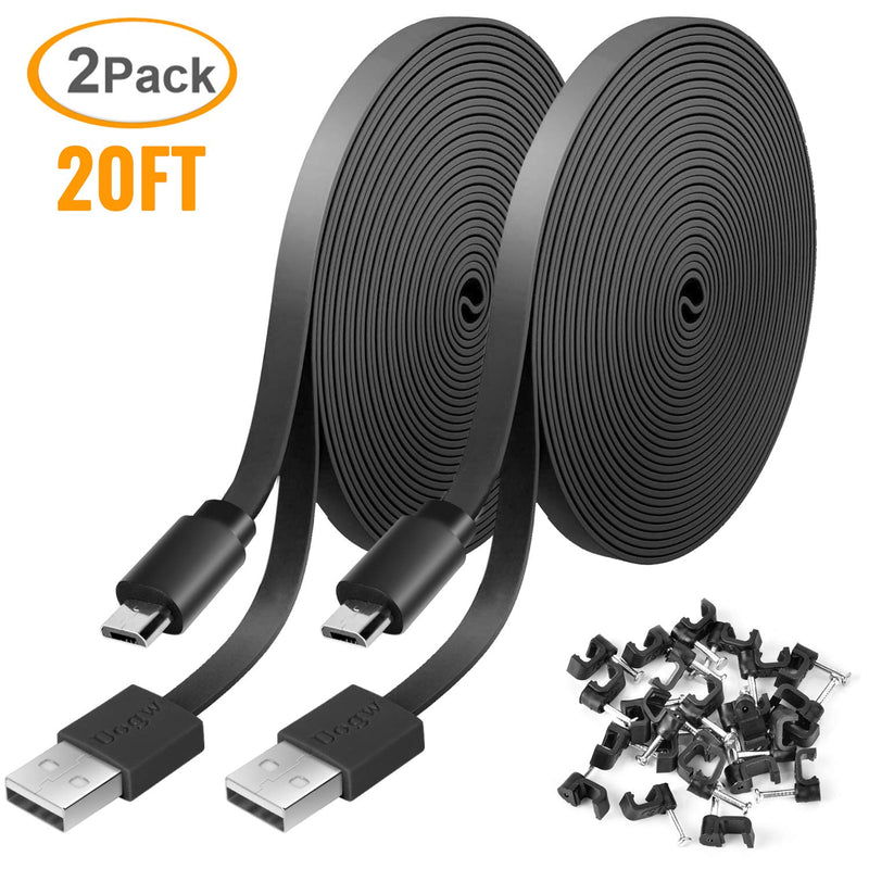  [AUSTRALIA] - 2 Pack 20FT Power Extension Cable Compatible with WyzeCam, Wyze Cam Pan, WYZE Cam OG,NestCam Indoor,Blink,Amazon Cloud Camera,USB to Micro USB Durable Charging and Data Sync Cord (Black) Black