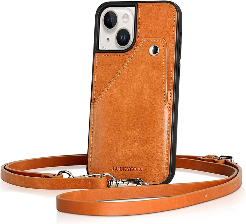  [AUSTRALIA] - LUCKYCOIN Crossbody iPhone Case for iPhone 14, Genuine Leather iPhone 14 Crossbody Case with Card Holder and Adjustable Lanyard, Crossbody iPhone 14 Case for Full-Body Protection 6.1''-Tan Tan