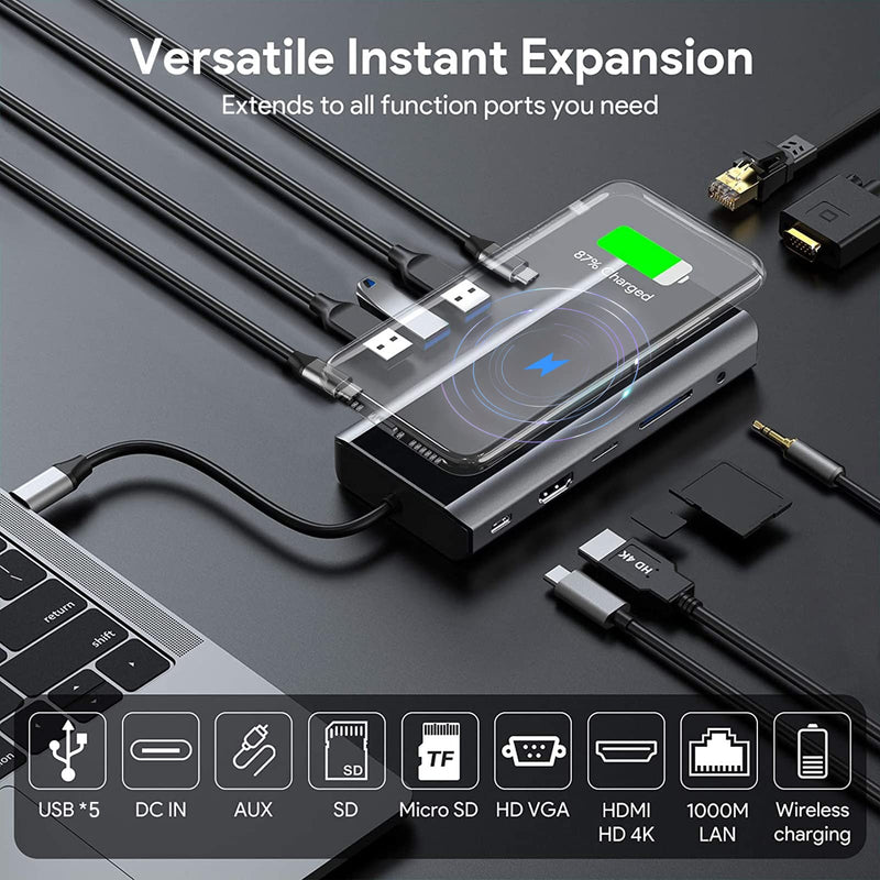  [AUSTRALIA] - Ikling USB C Hub, 13-in-1 USB C Docking Station to HDMI, VGA, Wireless Charger, Gigabit Ethernet, 3 USB 3.0, SD/TF Card Reader, USB C to 3.5mm, USB C Dock for MacBook Dell XPS HP 13 IN 1