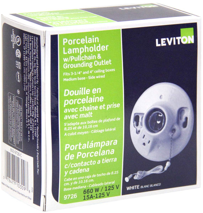  [AUSTRALIA] - Leviton 9726-C One-Piece Glazed Porcelain Outlet Box Mount, Incandescent Lampholder, Pull Chain, Top Wired, White 1 Pack