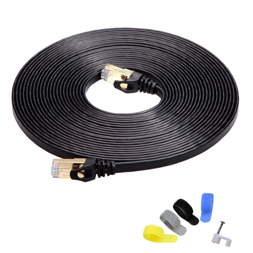  [AUSTRALIA] - CableGeeker Cat7 Shielded Ethernet Cable 25ft (Highest Speed Cable) Flat Ethernet Patch Cable Support Cat5/Cat6 Network,600Mhz,10Gbps - Black Computer Cord + Free Clips and Straps for Router Xbox Cat7-25ft
