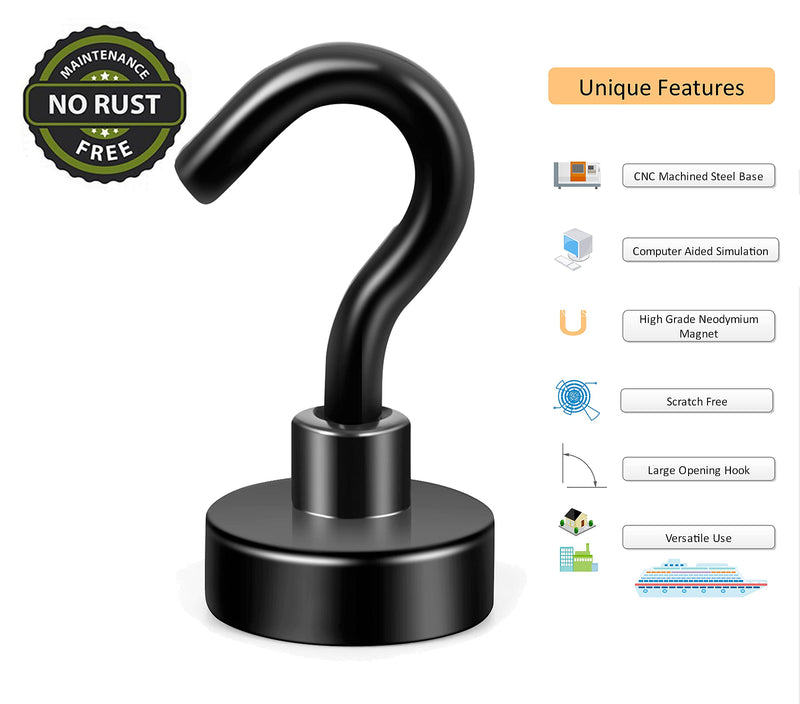  [AUSTRALIA] - Neosmuk Black Magnetic Hooks, 22 lb+ Heavy Duty Earth Magnets with Hook for Refrigerator, Extra Strong Cruise Hook for Hanging, Magnetic Hanger for Curtain, Grill (Black, Pack of 6)… 22lbs Magnetic hooks