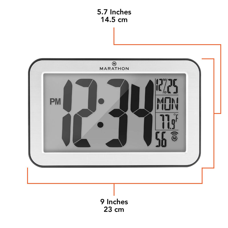 Marathon Commercial Grade Panoramic Autoset Atomic Digital Wall Clock with Table or Desk Stand, Date, and Temperature, 8 Time Zone, Auto DST, Self Setting, Self Adjusting, Batteries Included (Silver) Brushed Stainless - LeoForward Australia