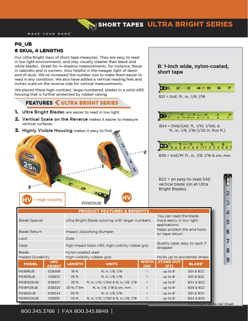  [AUSTRALIA] - Keson PG181025UB Short Tape Measure with Nylon Coated Ultra Bright Steel Blade (Graduations: 1/10, 1/100 & ft, in, 1/8), 1-Inch by 25-Foot ft, in, 1/10, 1/100 & ft, in, 1/8, 1/16