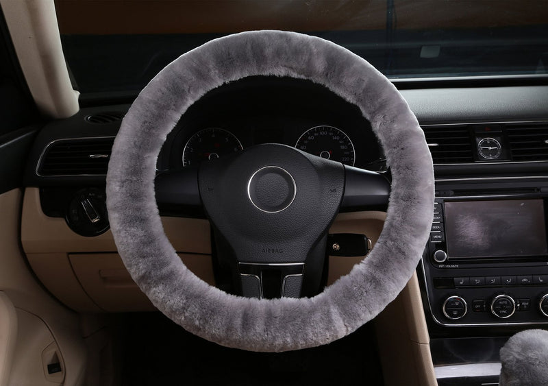  [AUSTRALIA] - Dotesy Pure Wool Auto Steering Wheel Cover Genuine Sheepskin Great Grip Anti-Slip Car Steering Wheel Cushion Protector Universal 15 inch for Car,Truck,SUV,etc. (Gray) gray