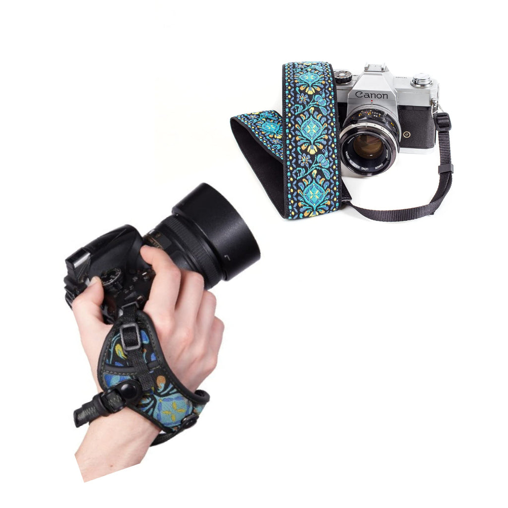  [AUSTRALIA] - Blue Woven Vintage Camera Strap and Hand Wrist Strap Bundle for All DSLR Camera. Embroidered Elegant Universal Camera Strap, Best Gift for Photographers