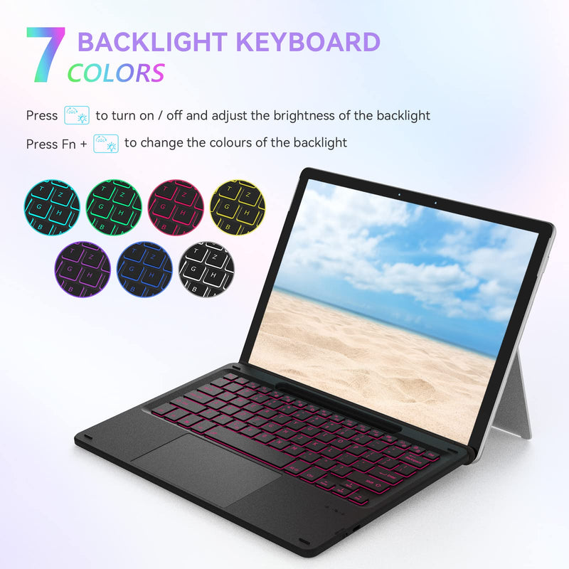  [AUSTRALIA] - Backlight Keyboard with Trackpad for Surface Pro 9/8/X, 7-Color Wireless Bluetooth Illuminated Keyboard Slim and Light with Touchpad and Pen Holder for Microsoft Surface Pro 9/Pro 8/Pro X 13", Black