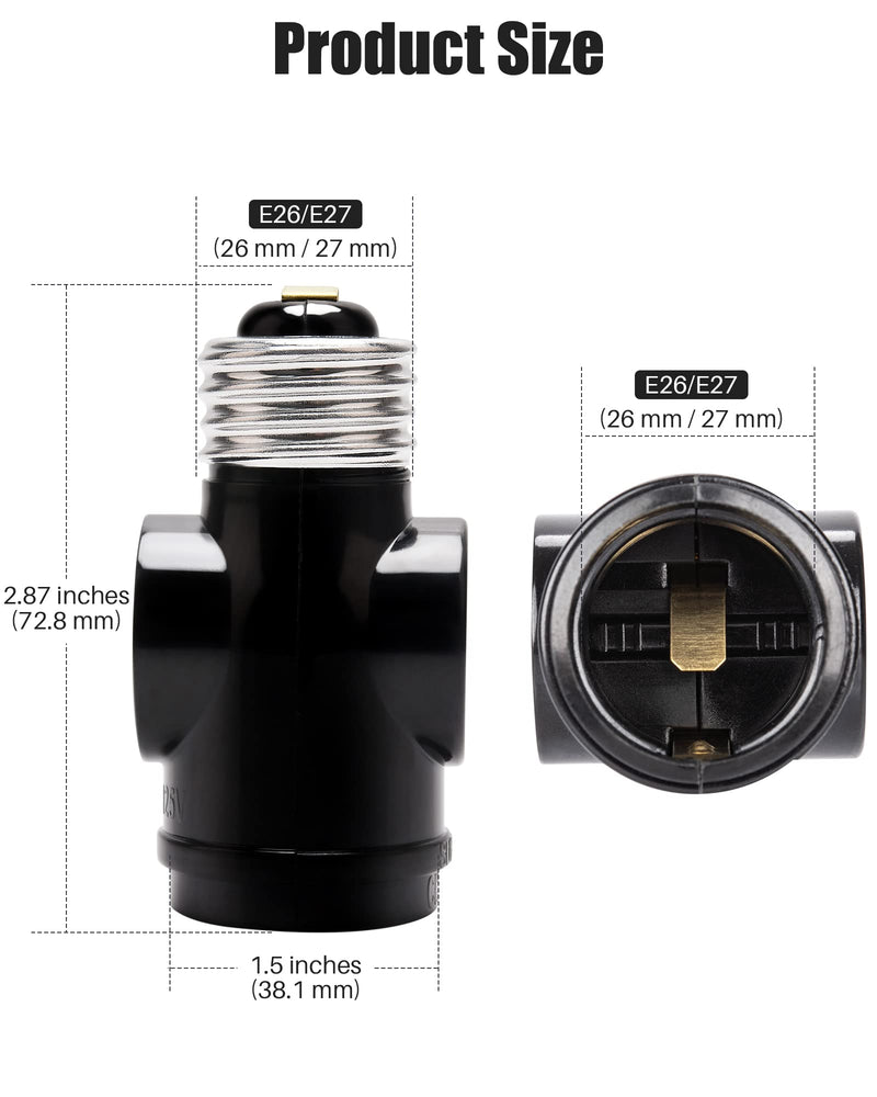  [AUSTRALIA] - UL-Listed 2 Outlet Light Socket Adapter JACKYLED E26 Socket to Outlet Splitter Converter Medium Screw Socket into 2 Polarized Outlet E26 Socket Adapter (Black, 3pcs) 3 Black