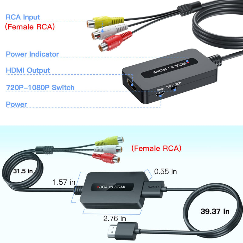  [AUSTRALIA] - TIXILINBI Female RCA to HDMI Cable Converter with HDMI and RCA Cables, CVBS Composite AV to HDMI Converter, RCA HDMI Adapter, Full HD 720P/1080P Output Switch for N64/ PS2/ Wii with Male RCA