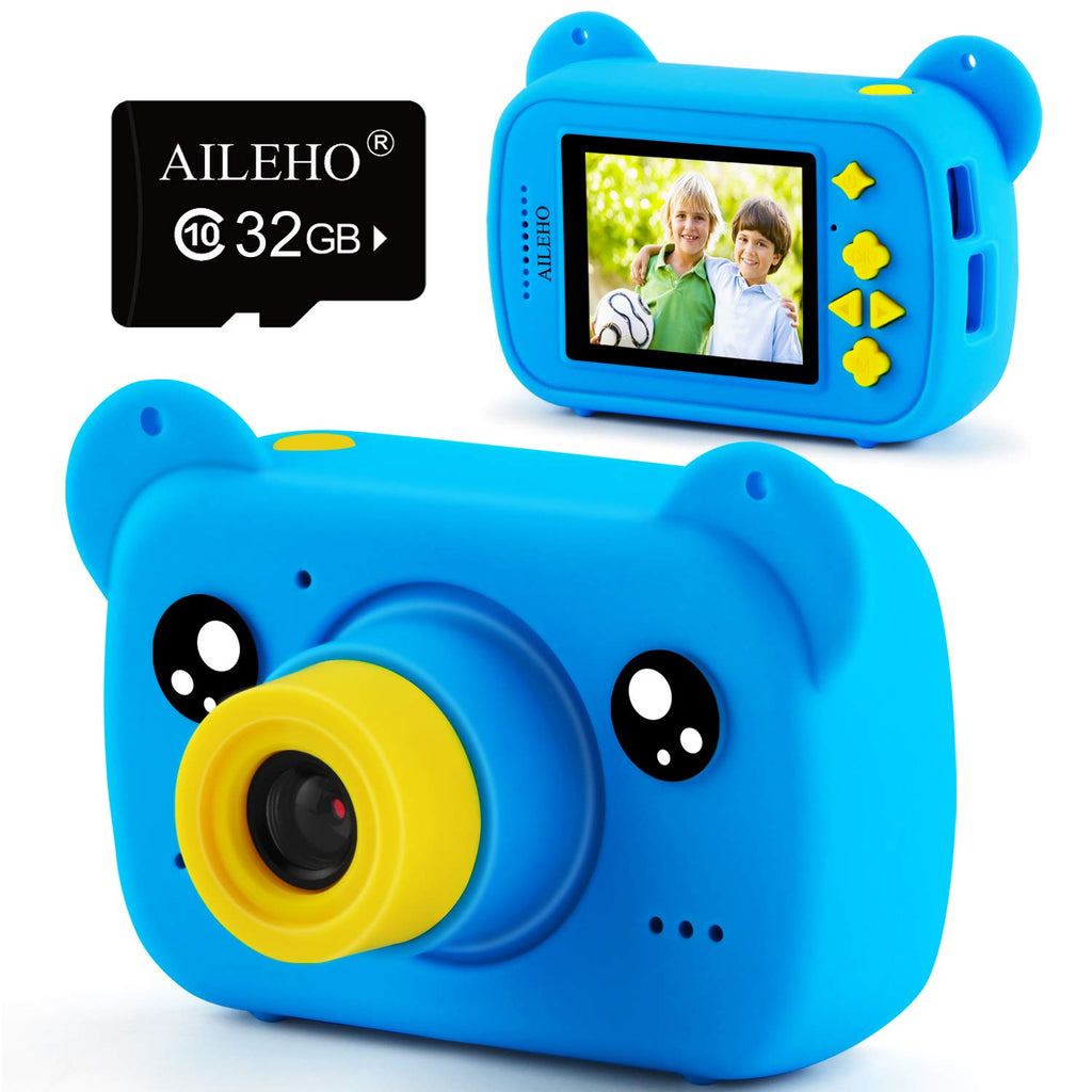  [AUSTRALIA] - AILEHO Kids Camera for Boys Bear Cartoon Blue Child Video Camera Christmas Toy Birthday Gifts for 3-8 Year Old Starter Toddler Camera 8M 1080P with 32G Card LCD Screen 2.0" Mini Bear Blue32g