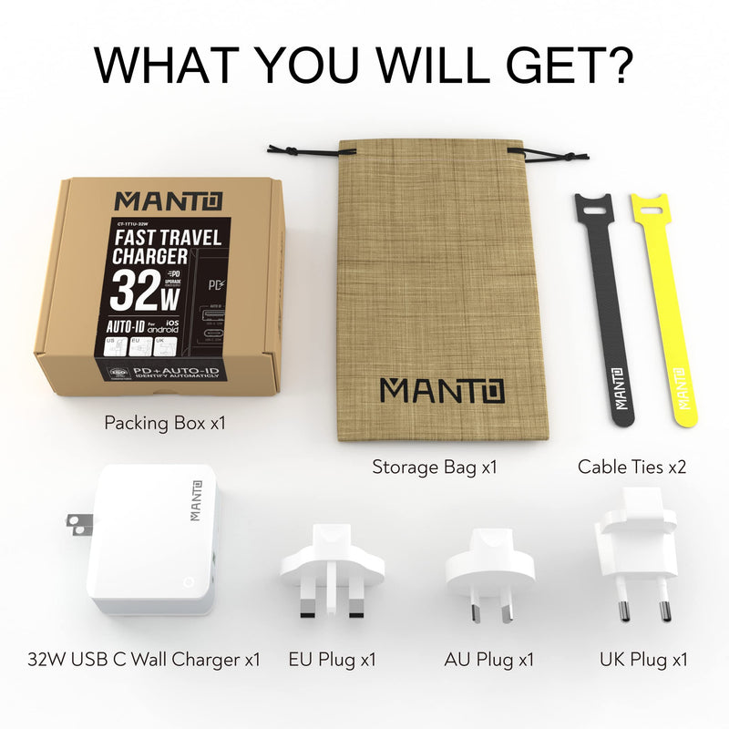  [AUSTRALIA] - USB C Charger, MANTO 30W 2 Port PD Fast Charger with 20W USB-C Power Adapter, Foldable International Travel Adapter with UK US EU Australia Plug for iPhone, iPad, Galaxy, and More