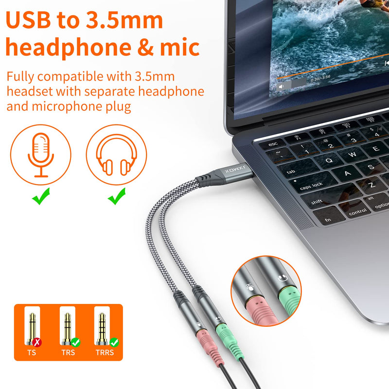  [AUSTRALIA] - JXMOX USB Audio Adapter External Stereo Sound Card with 3.5mm Headphone and Microphone Jack Compatible with Windows Mac Linux PC Laptops Desktops PS4 PS5. Plug and Play No Drivers Needed (Grey)